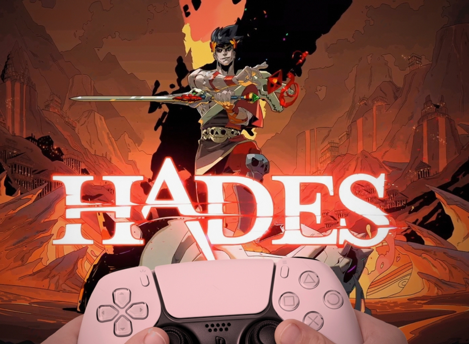 Main character Zagreus from the game Hades with a PlayStation controller in foreground