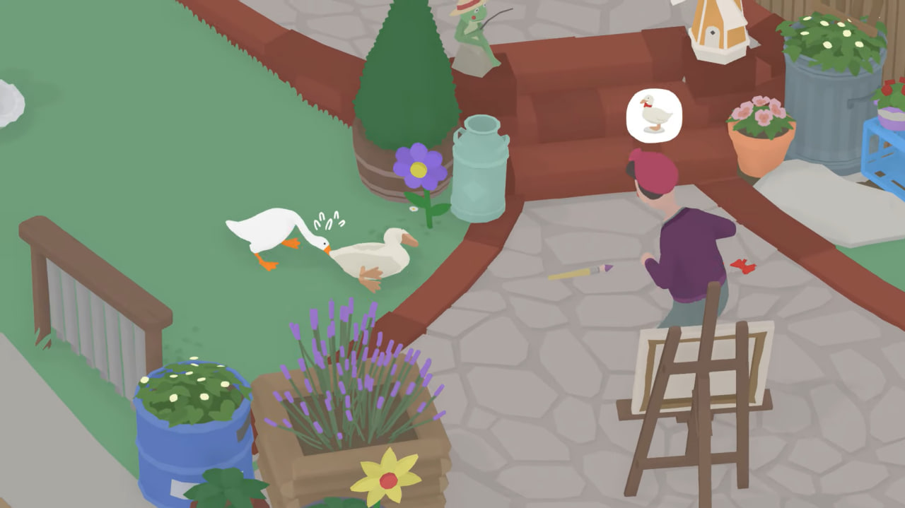 A goose causes mischief in a garden scene from Untitled Goose Game, representing indie game creativity