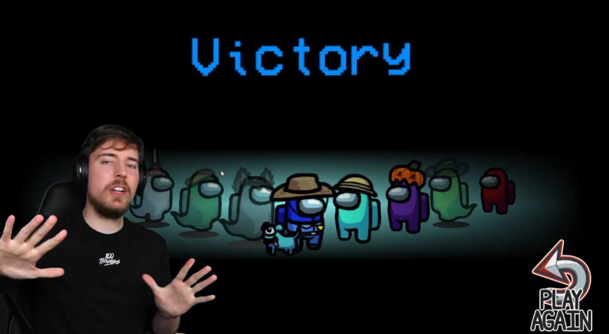 MrBeast celebrating a victory in Among Us with customized characters on the screen.