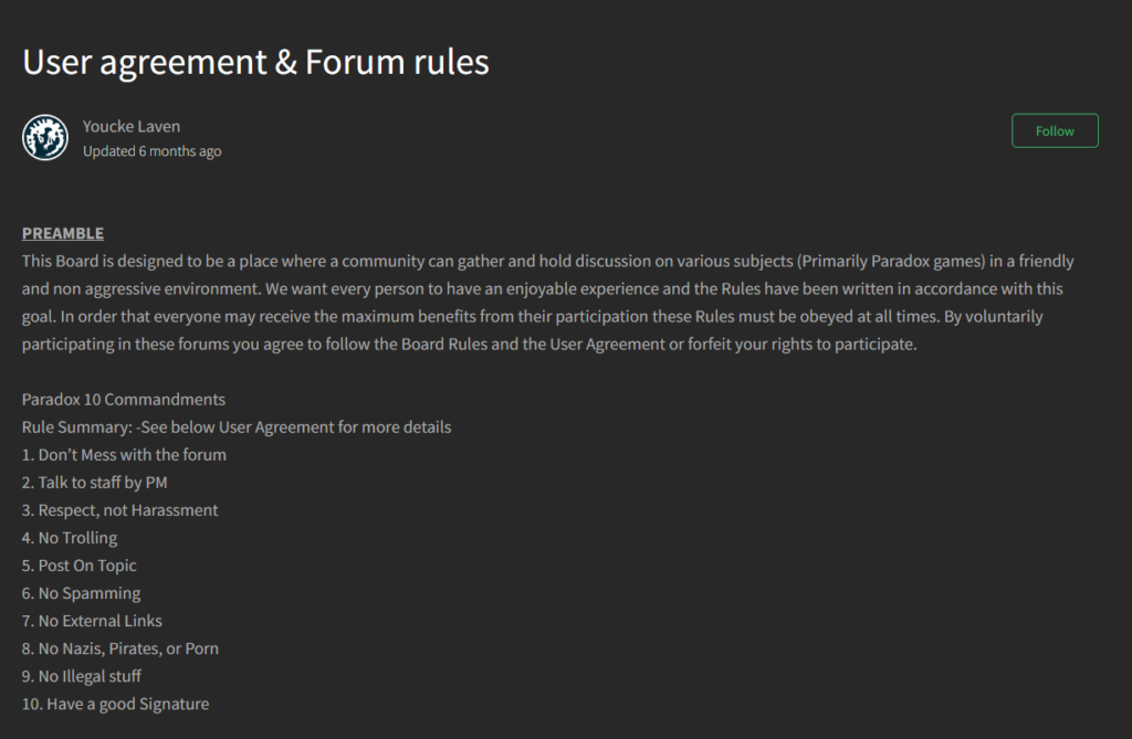 Paradox Interactive user agreement and forum rules page, outlining guidelines for respectful and non-aggressive discussion in the community.