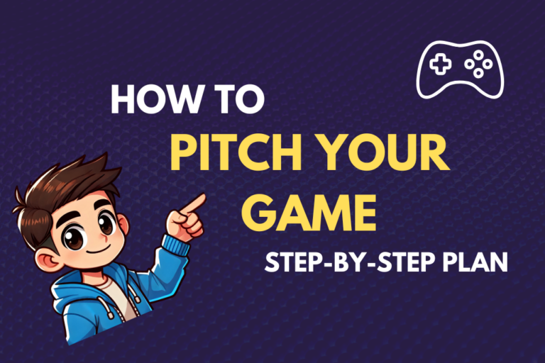 Infographic cover for 'How to Pitch Your Game: Step-by-Step Plan' with cartoon character pointing to the title.