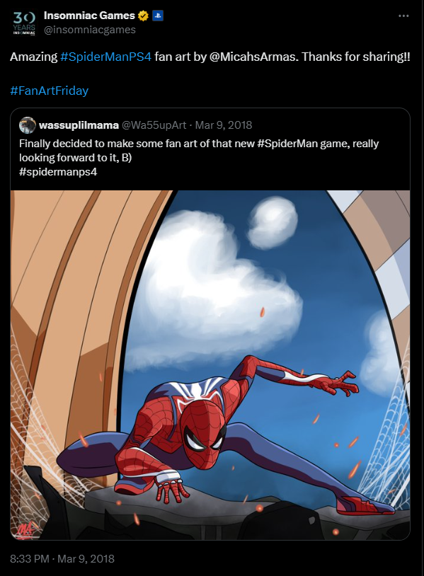 Insomniac Games shares Spider-Man PS4 fan art on Twitter for Fan Art Friday, featuring Spider-Man in a crouching pose with a cloudy sky in the background.