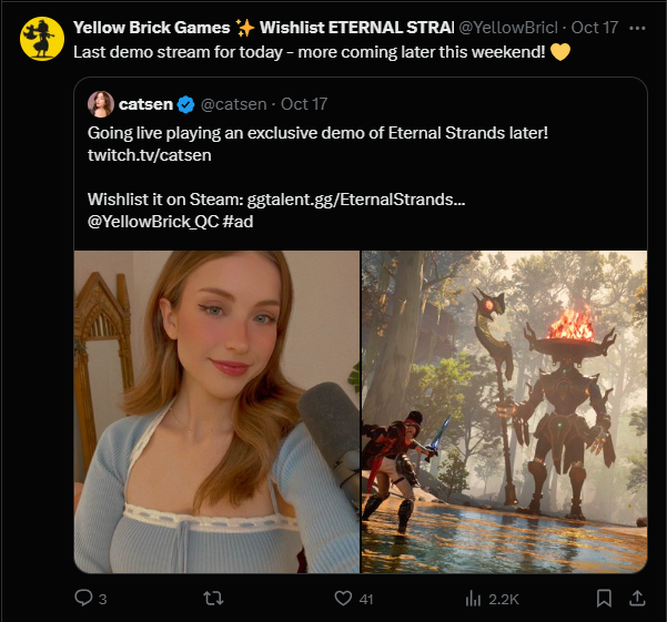 Yellow Brick Games promotes Eternal Strands with a live demo stream by content creator CatSen, showcasing gameplay and character interaction.