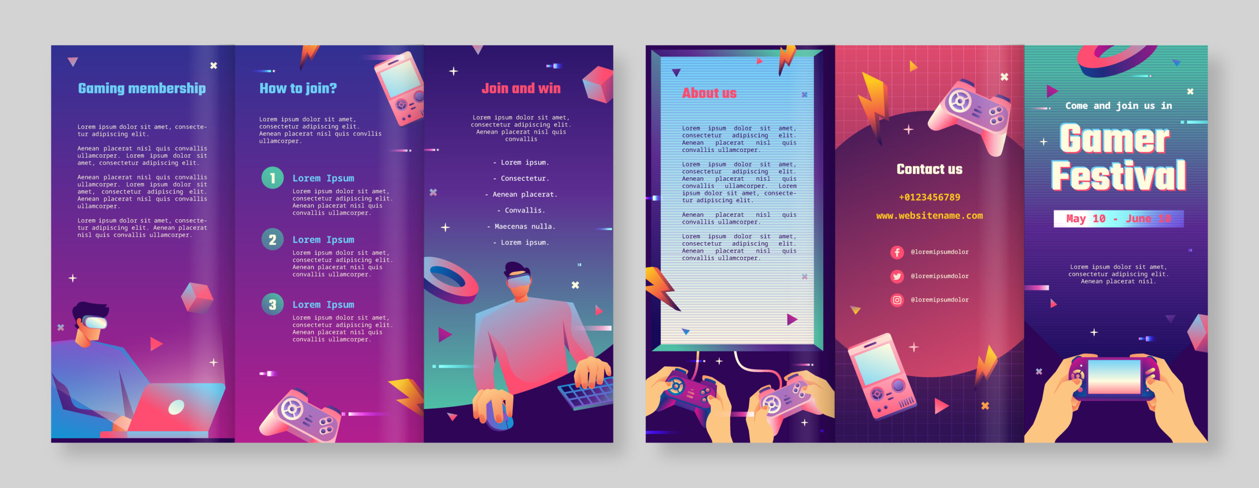 Colorful leaflet design for a gaming festival featuring gaming membership details, instructions to join, event highlights, and contact information, with vibrant visuals and interactive elements.