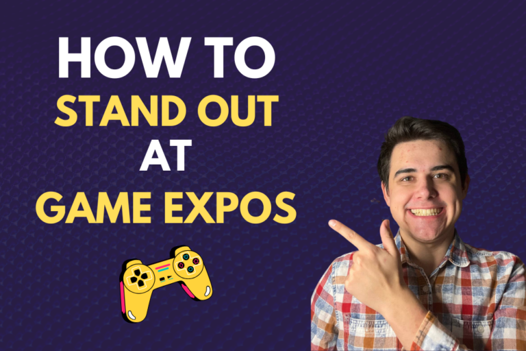 Dmitrii Afanasev pointing to the title 'How to Stand Out at Game Expos,' with a gaming controller icon on a vibrant background