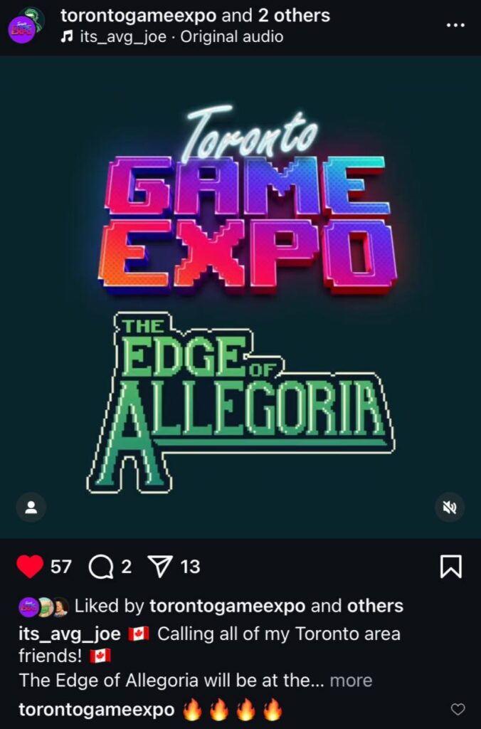 Instagram post showcasing the collaboration between The Edge of Allegoria and Toronto Game Expo, featuring vibrant event branding and a social media call-to-action.