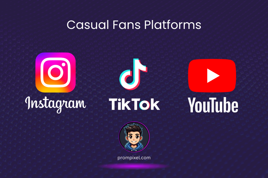 Casual gaming fans platforms featuring Instagram, TikTok, and YouTube logos with a prompixel.com icon on a purple background