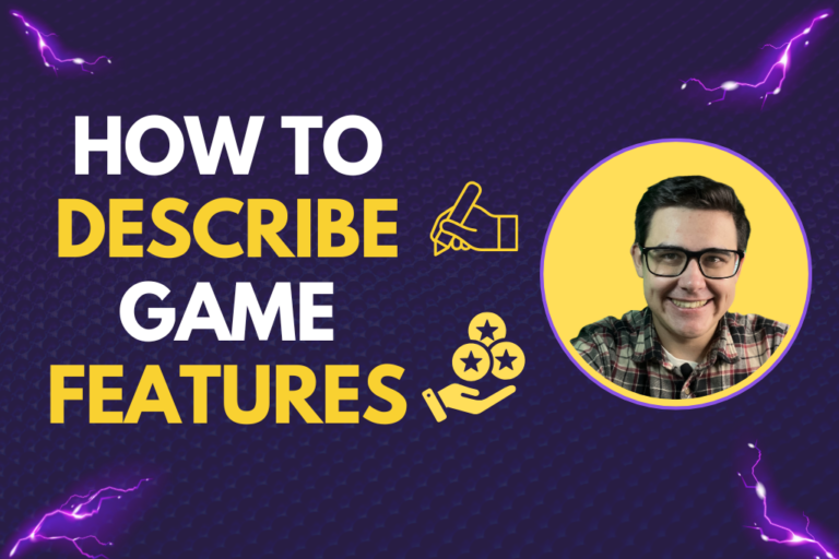 Featured image for the article 'How to Describe Game Features,' showing bold text, engaging icons, and a smiling portrait of the author against a vibrant background