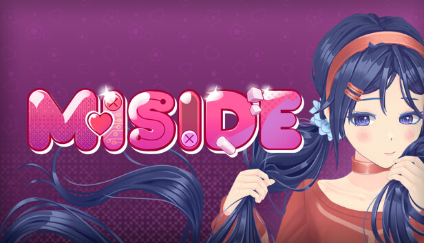 MiSide game cover art featuring an anime-style character with long dark hair and a vibrant pink logo on a purple background.