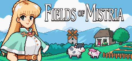 Key art for Fields of Mistria, featuring a cheerful protagonist alongside a vibrant rural landscape with a farmhouse, windmill, and livestock, reflecting the cozy life-simulation game theme.